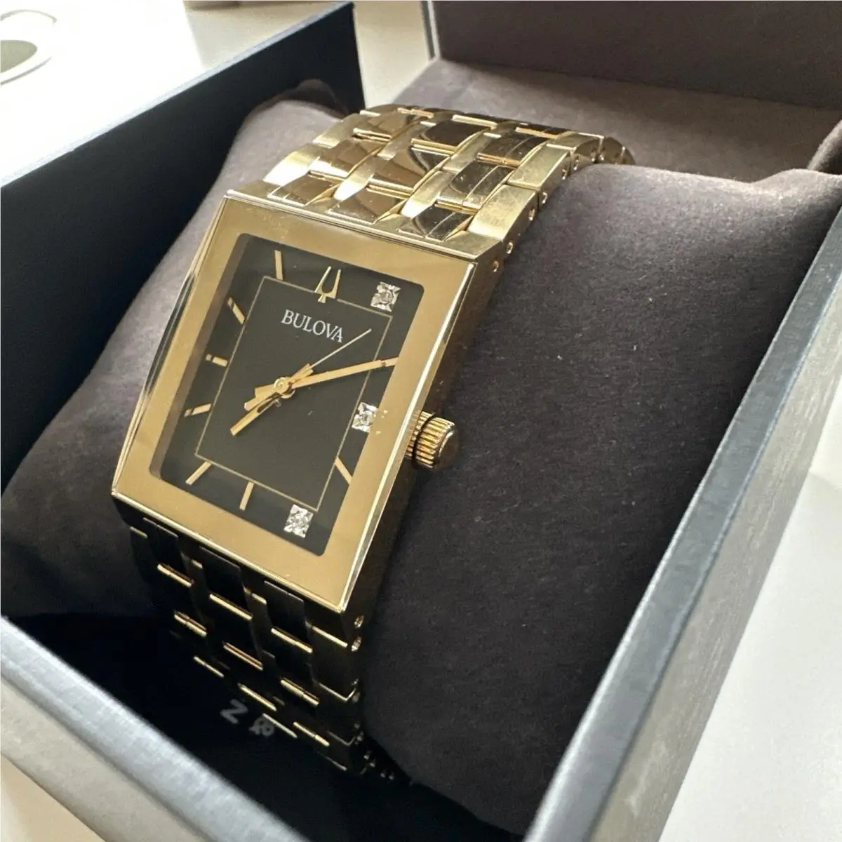 Bulova Men`s Quadra Modern Quartz Gold Gemmed Stainless Steel Watch 30 MM 97D132 - Dial: Black, Band: Gold, Bezel: Gold