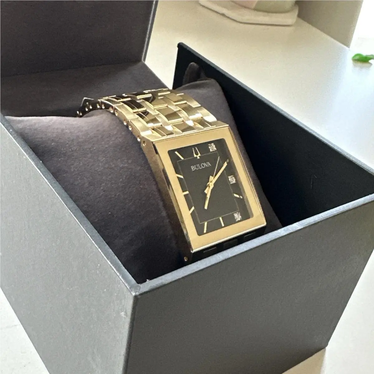 Bulova Men`s Quadra Modern Quartz Gold Gemmed Stainless Steel Watch 30 MM 97D132 - Dial: Black, Band: Gold, Bezel: Gold