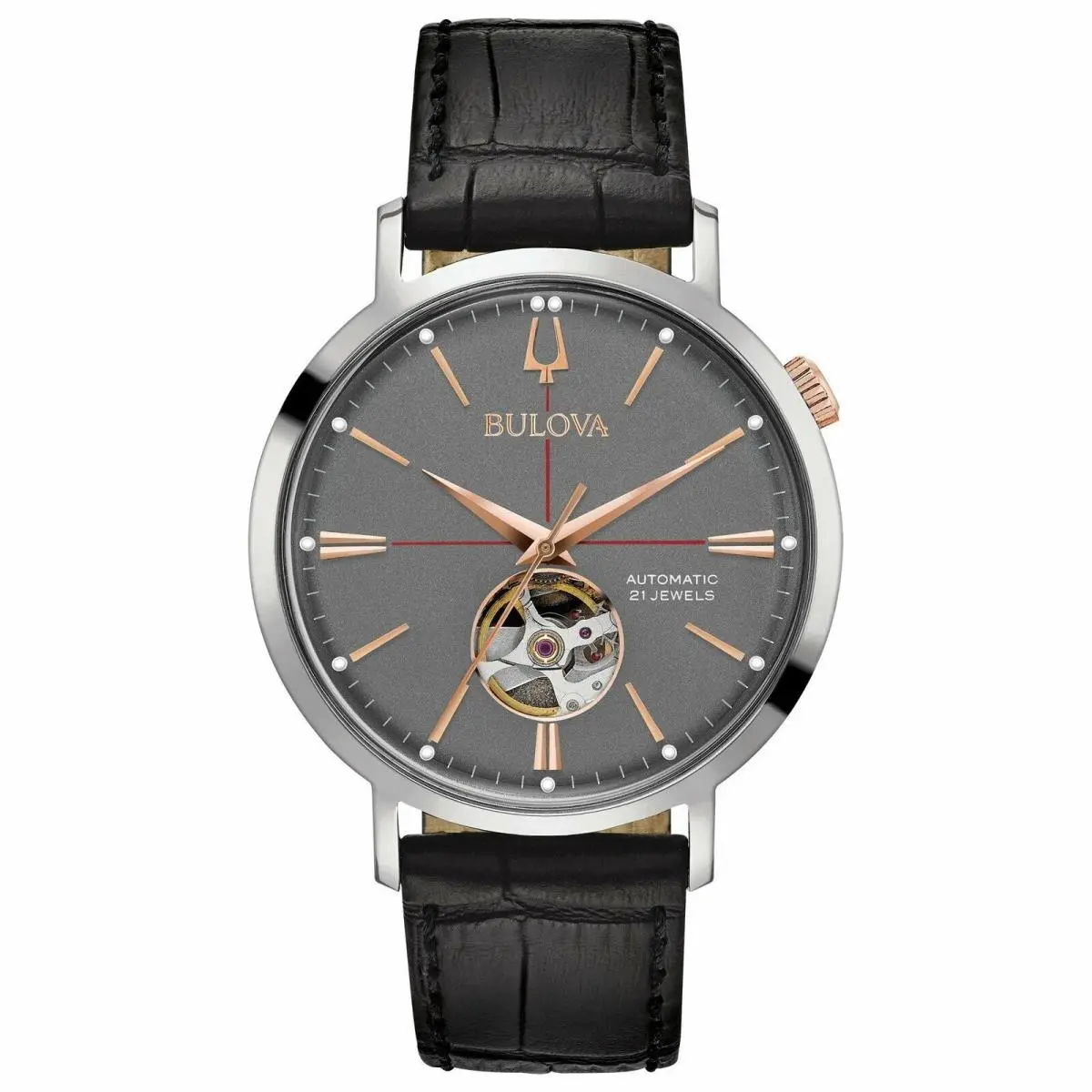 Bulova Men`s Watch Leather Grey Aerojet 98A187 - Dial: Gray, Band: Black