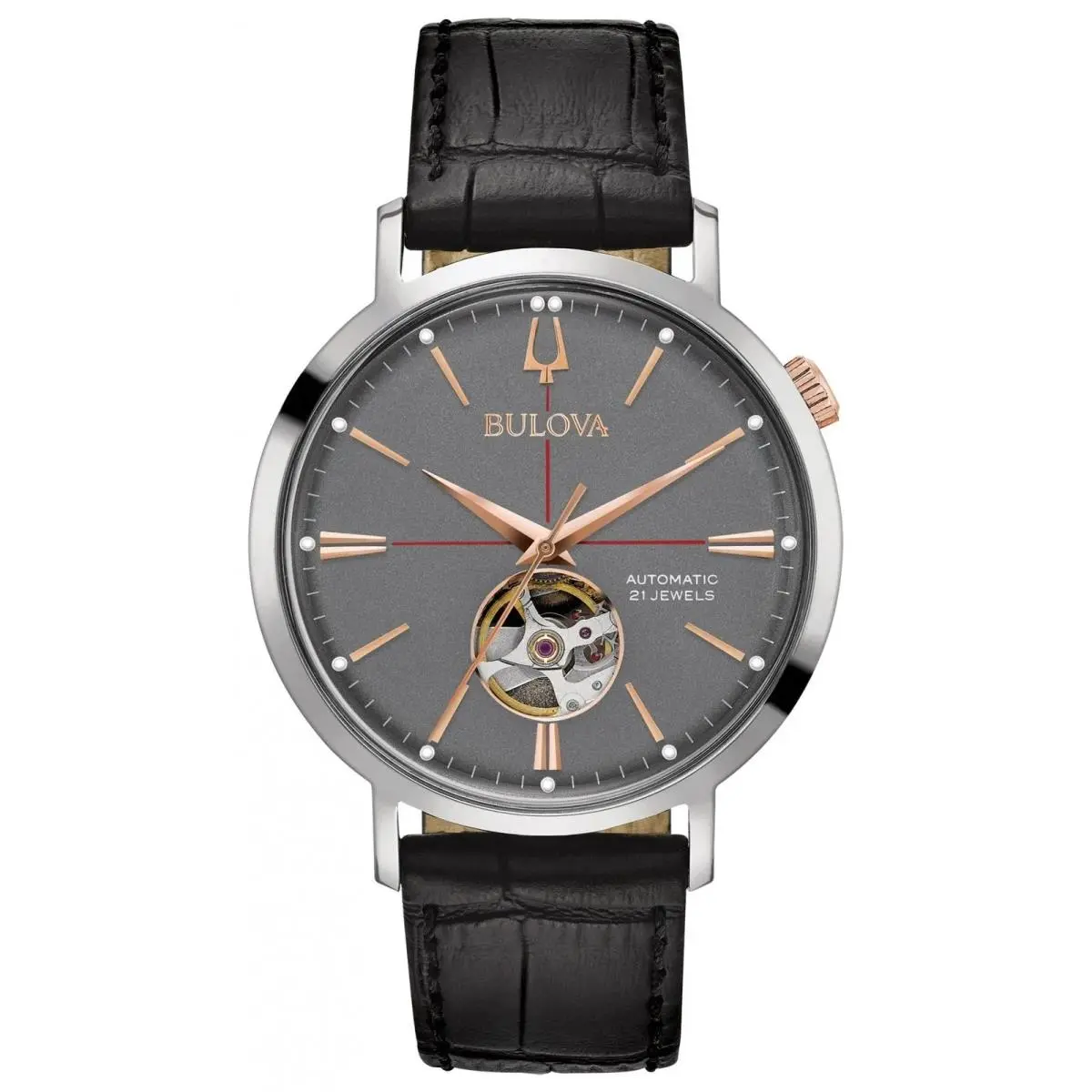 Bulova Men`s Classic Aerojet 3-Hand Automatic Leather Black Strap/grey Dial - Dial: Gray, Band: Black