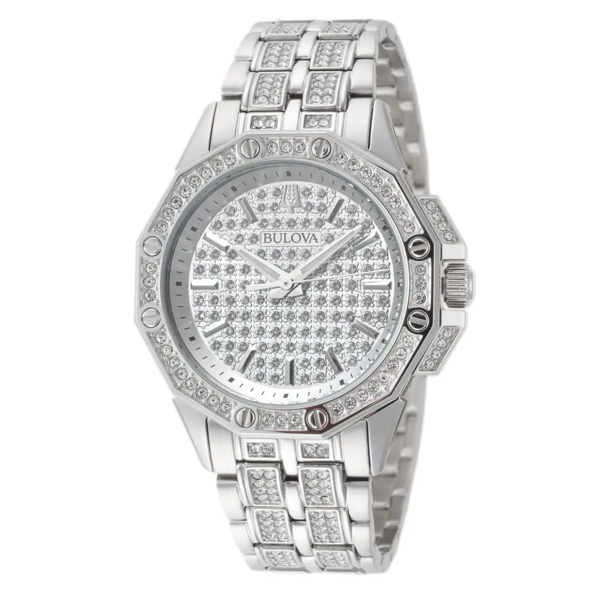 Bulova Women`s Octava 34mm Quartz Watch 96L305 - Dial: Silver, Band: Silver Tone, Other Dial: Crystal Pave