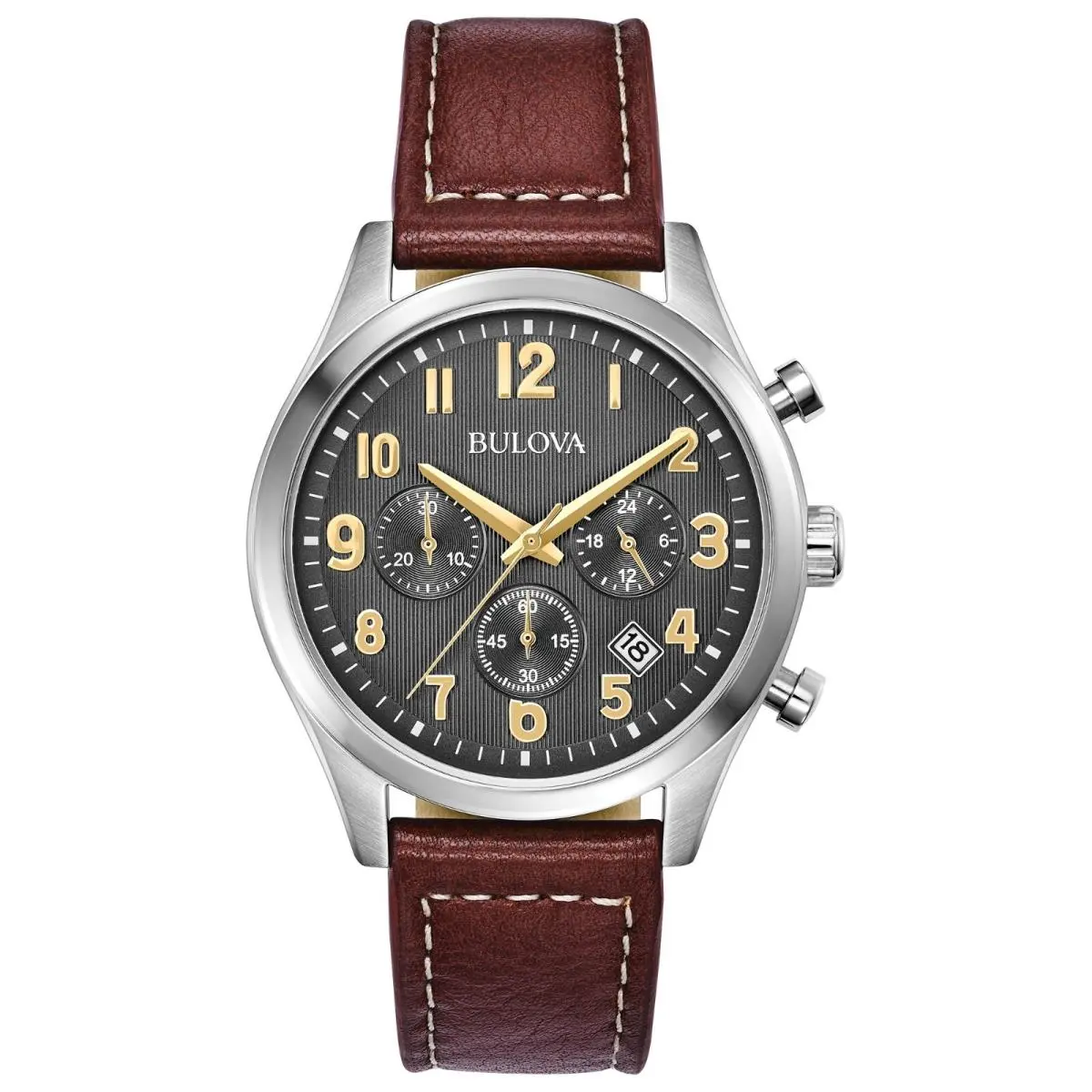 Bulova Men`s Quartz Chronograph Calendar Stainless Steel Watch 41mm 96B301 - Dial: Gray, Band: Brown, Bezel: Silver