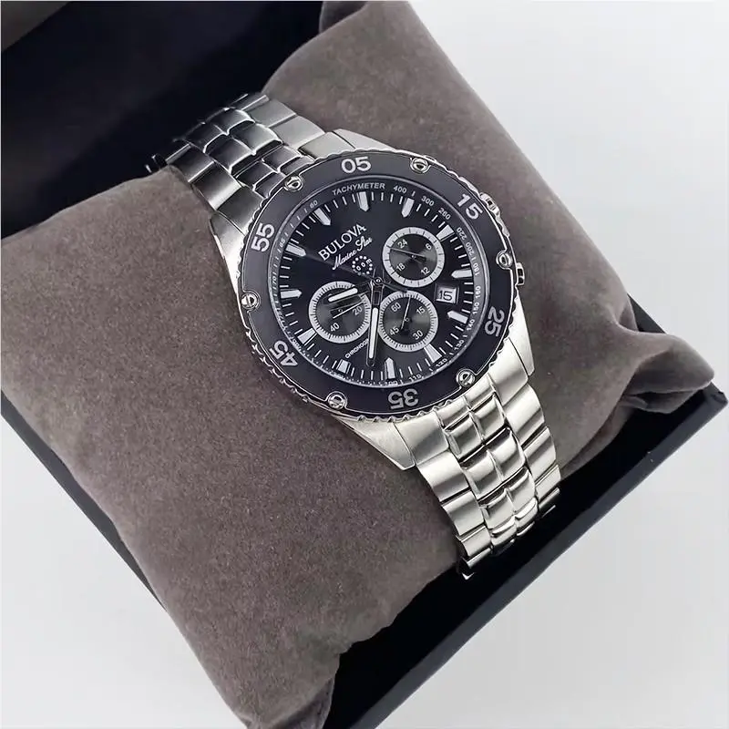 Bulova Men`s Marine Star 98B401 Black Dial Silver Bracelet Quartz Watch 41.5mm