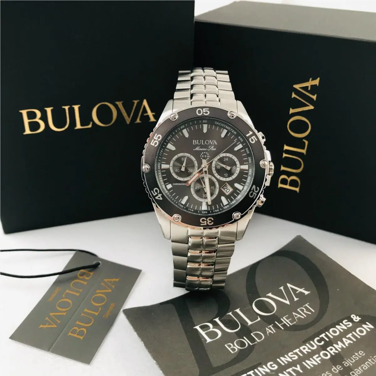 Bulova Marine Star 98B401 Men`s Chrono Stainless Steel Watch w Black Dial 41.5mm
