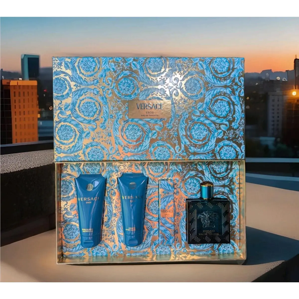 Versace Eros For Men 4 Piece Gift Set - 3.4 Oz Edt Natural Spray Travel Spray