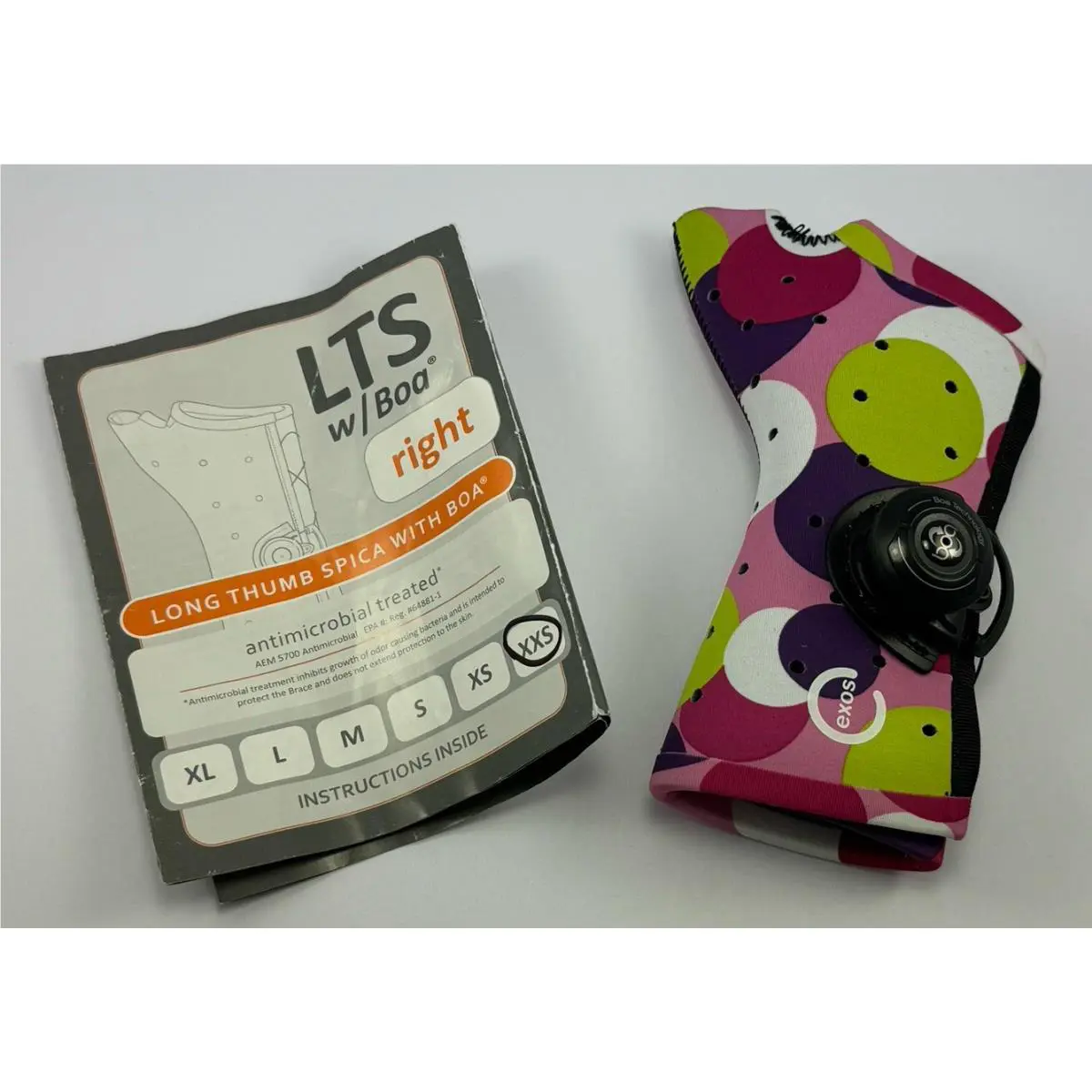 Exos Long Thumb Spica Boa Right Hand Polka Dot Antimicrobial Treated Sz Xxs