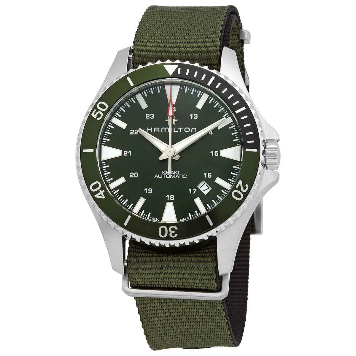 Hamilton Khaki Navy Automatic Green Dial Sprite Bezel Men`s Watch H82375961 - Dial: Green, Band: Green, Bezel: Black, Green
