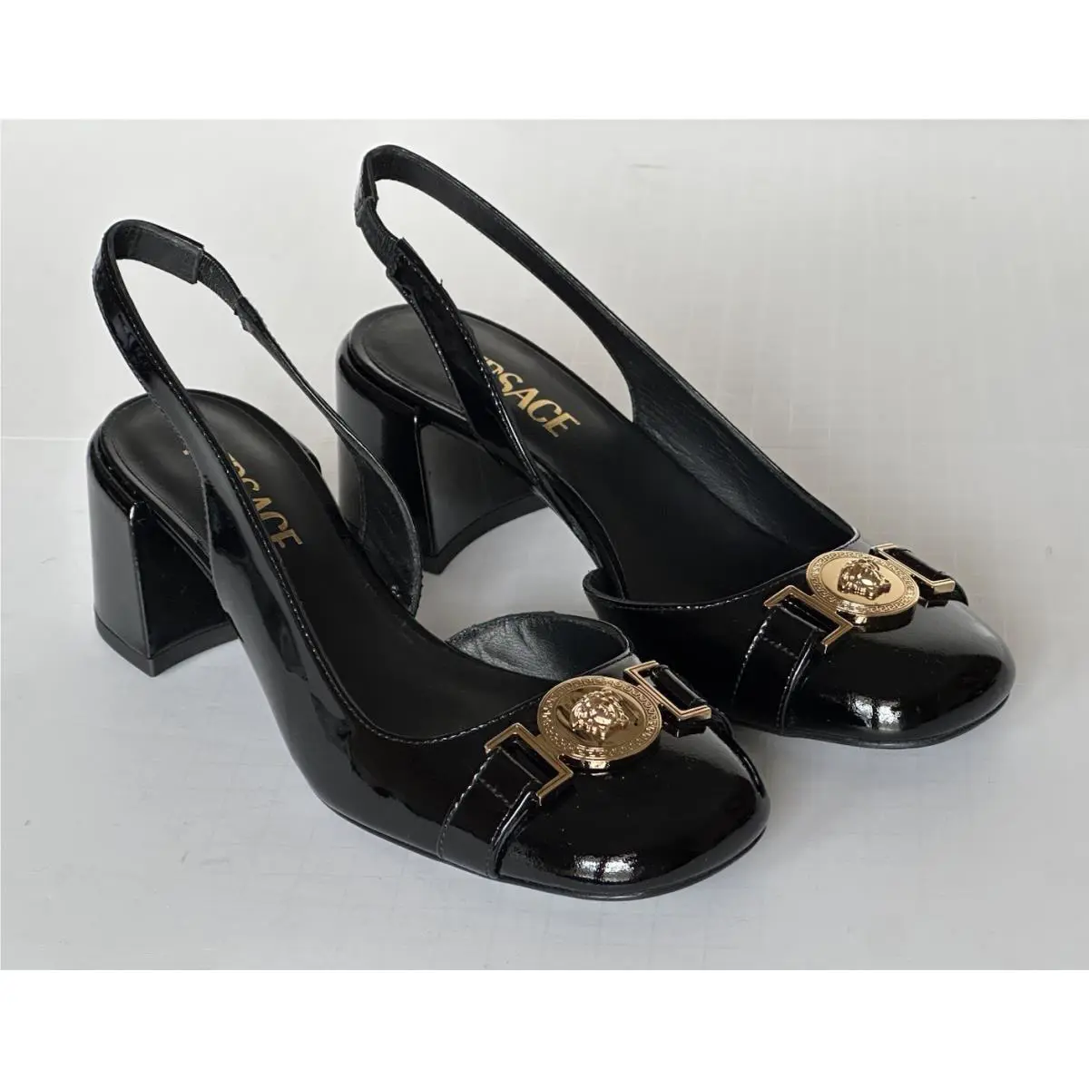 Versace Medusa Head Sling Back Patent Leather Black Shoes 6.5 US 1014619
