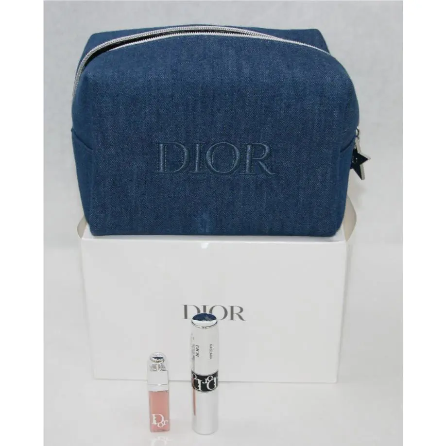 Dior Blue Denim Cosmetic Make Up Pouch Case with Mini Mascara Lip Maximizer