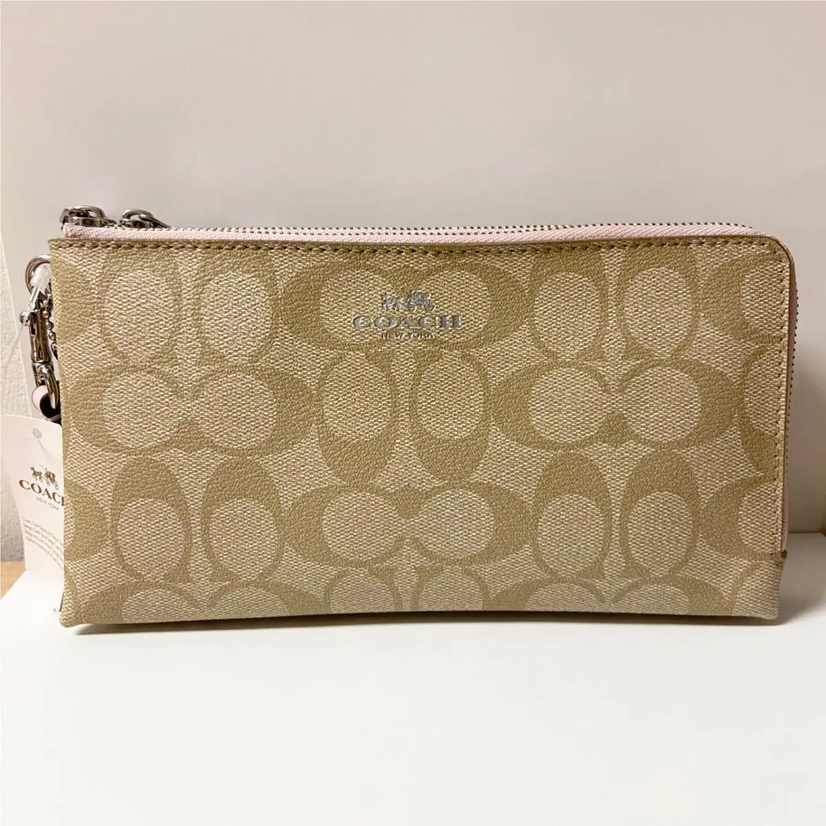Pebbled Leather Double Zip Wallet Wristlet Light Khaki Petal by Coach