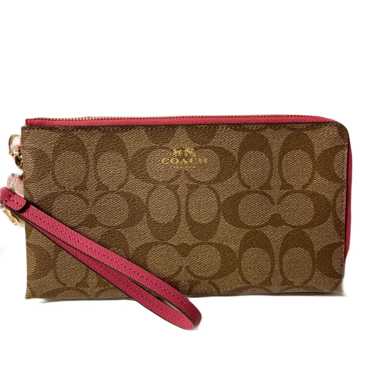 Pebbled Leather Double Zip Wallet Wristlet Khaki Dahlia by Coach