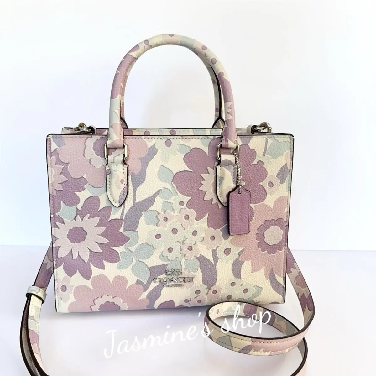 Coach Maggie Small Tote Bag Floral Print Pebble Leather Ivory Purple CBM08