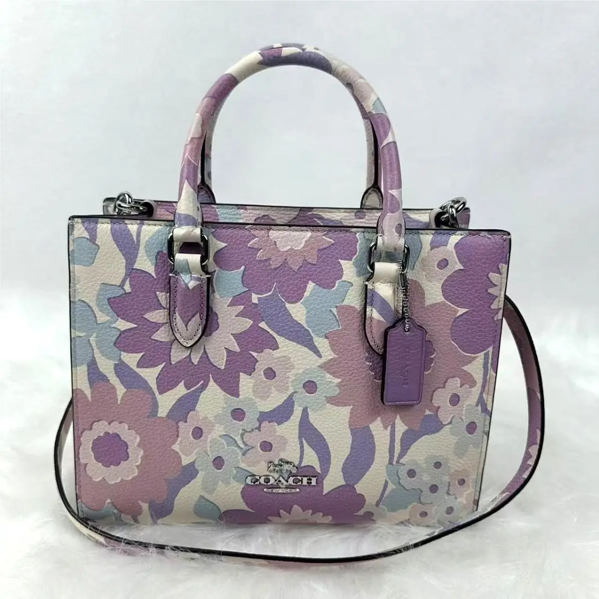 Maggie Small Tote Bag Crossbody Floral Print In Leather Ivory/purple CBM08 by Coach