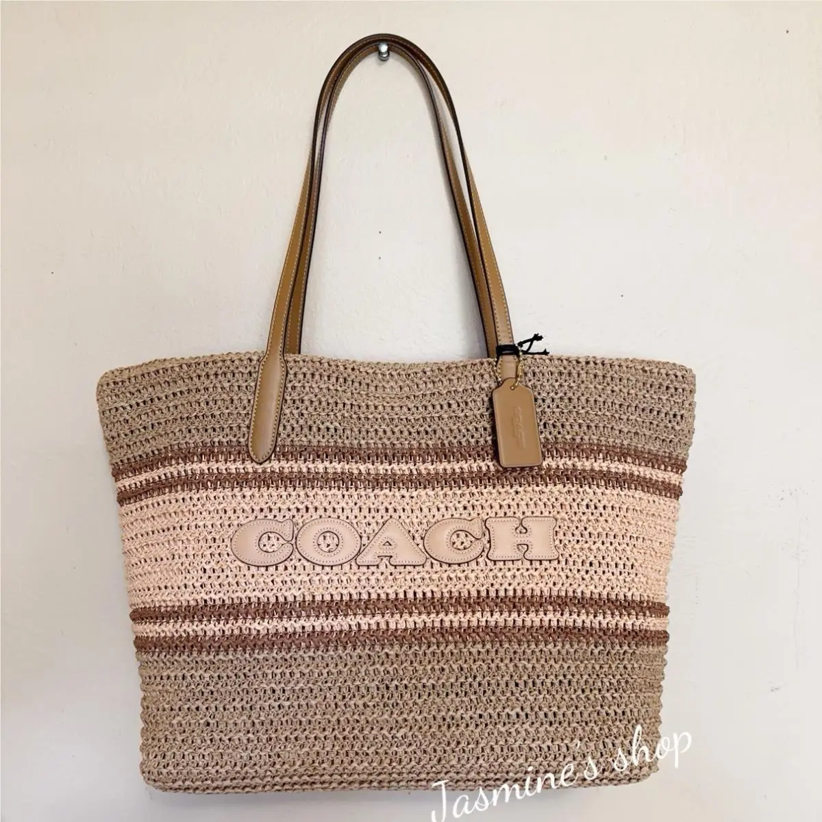 Coach Straw and Smooth Leather City Tote Bag CBG87 Im/honey Brown Multi