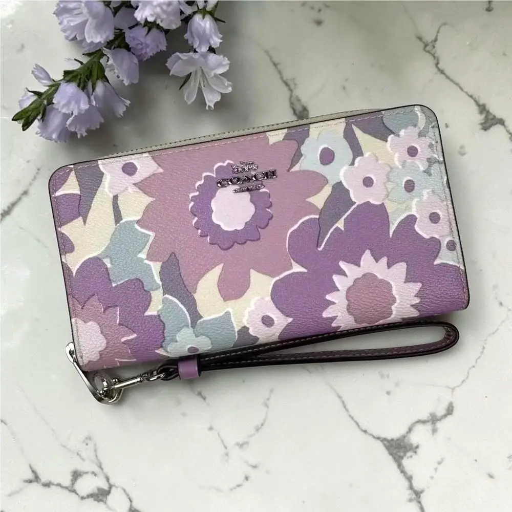 Coach Long Zip Around Wallet with Floral Print in Purple and Ivory CBN95