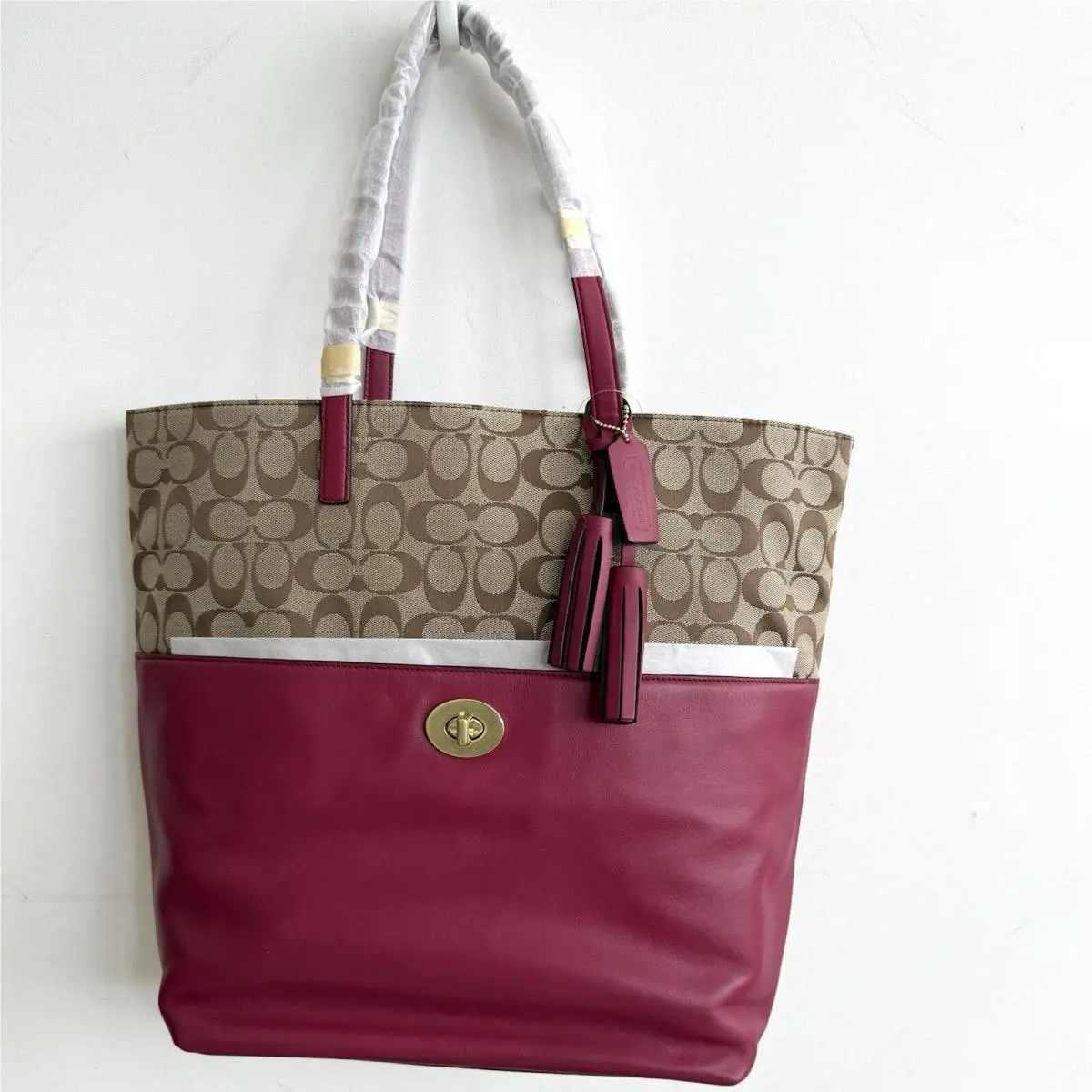 Coach Signature Turnlock Leather Large Tote Bag F26476 Khaki/deep 
