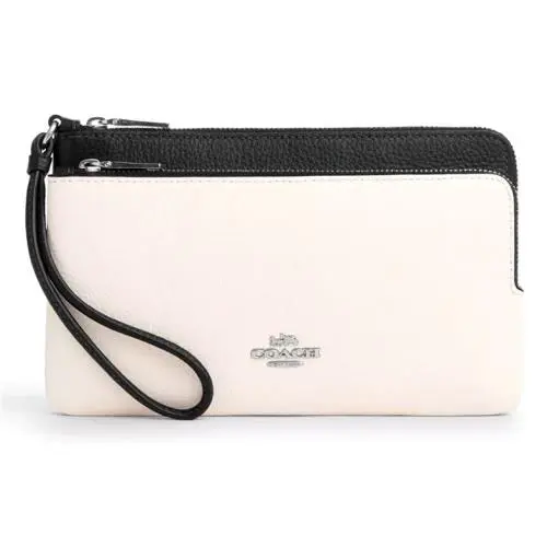 Coach Double Zip Phone Wallet - CU921 Chalk Black Pebble Leather