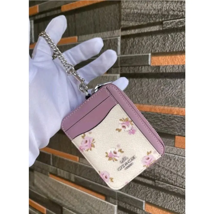 Coach CAU43 Zip Card Case with Floral Print In Canvas Chain Wrist Strap