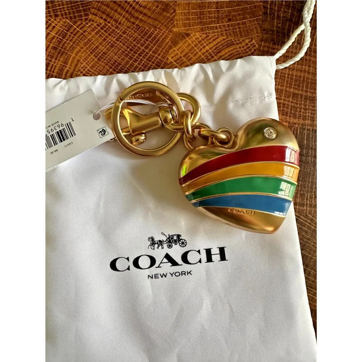 Coach Rainbow Heart Metal Enamel Bag Charm Keychain Fob CAX71 Brass Multi