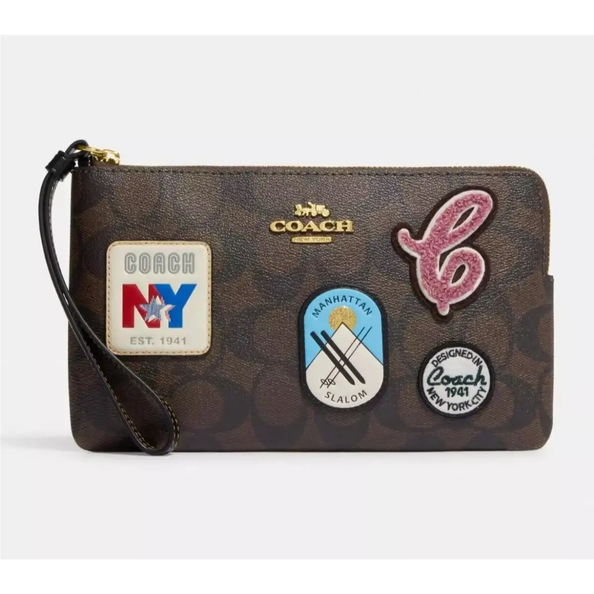 Coach Large Corner Zip Phone Wristlet Signature Canvas Ski Patches CF457
