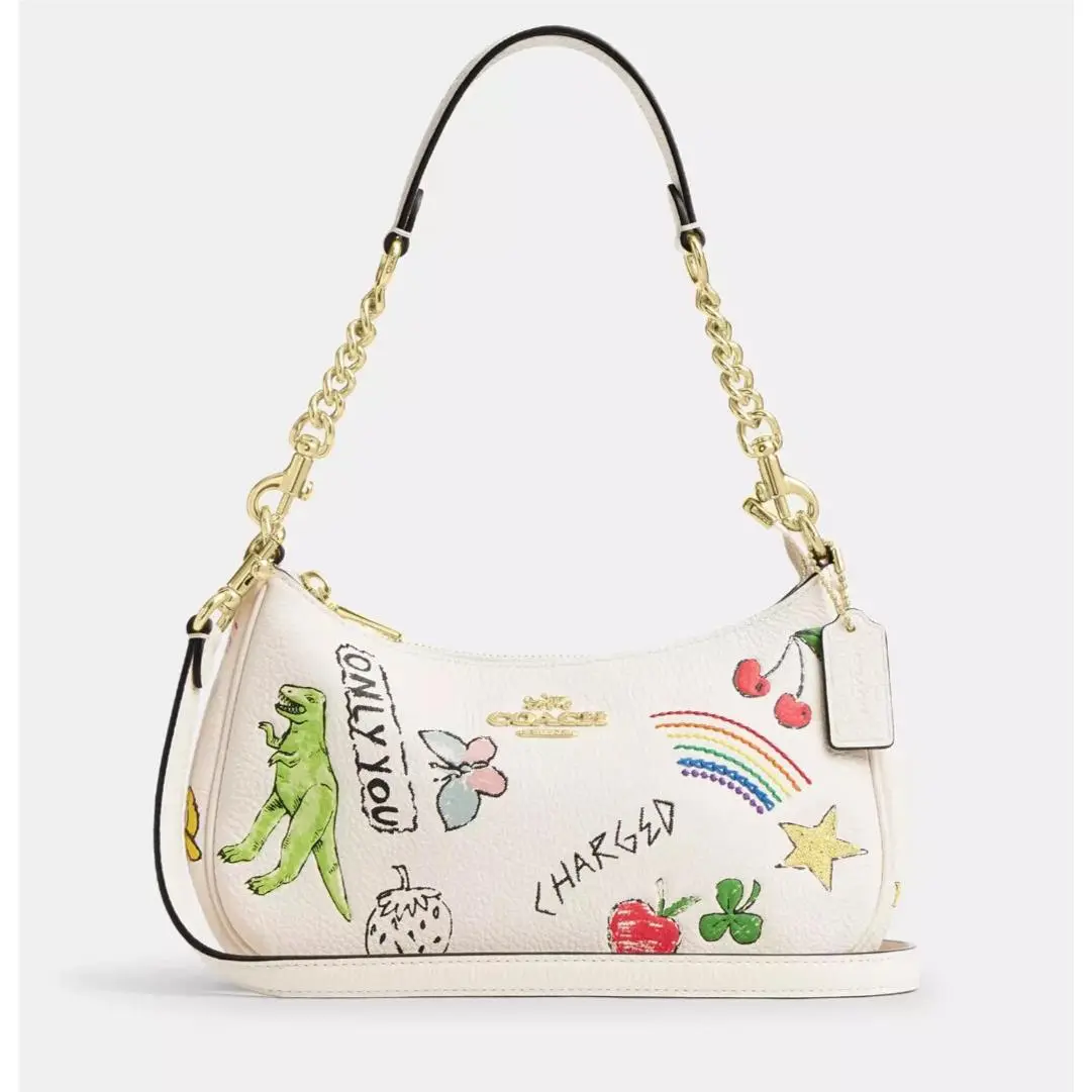 Coach Chalk Multi Teri Sketch Print Refined Pebble Leather Shoulder Bag CAK17