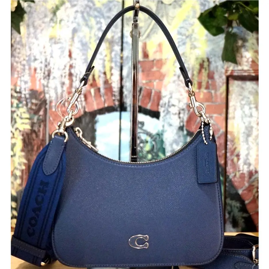 Coach Hobo CJ842 Small Shoulder X-body Bag In Deep Blue Crossgrain Leather