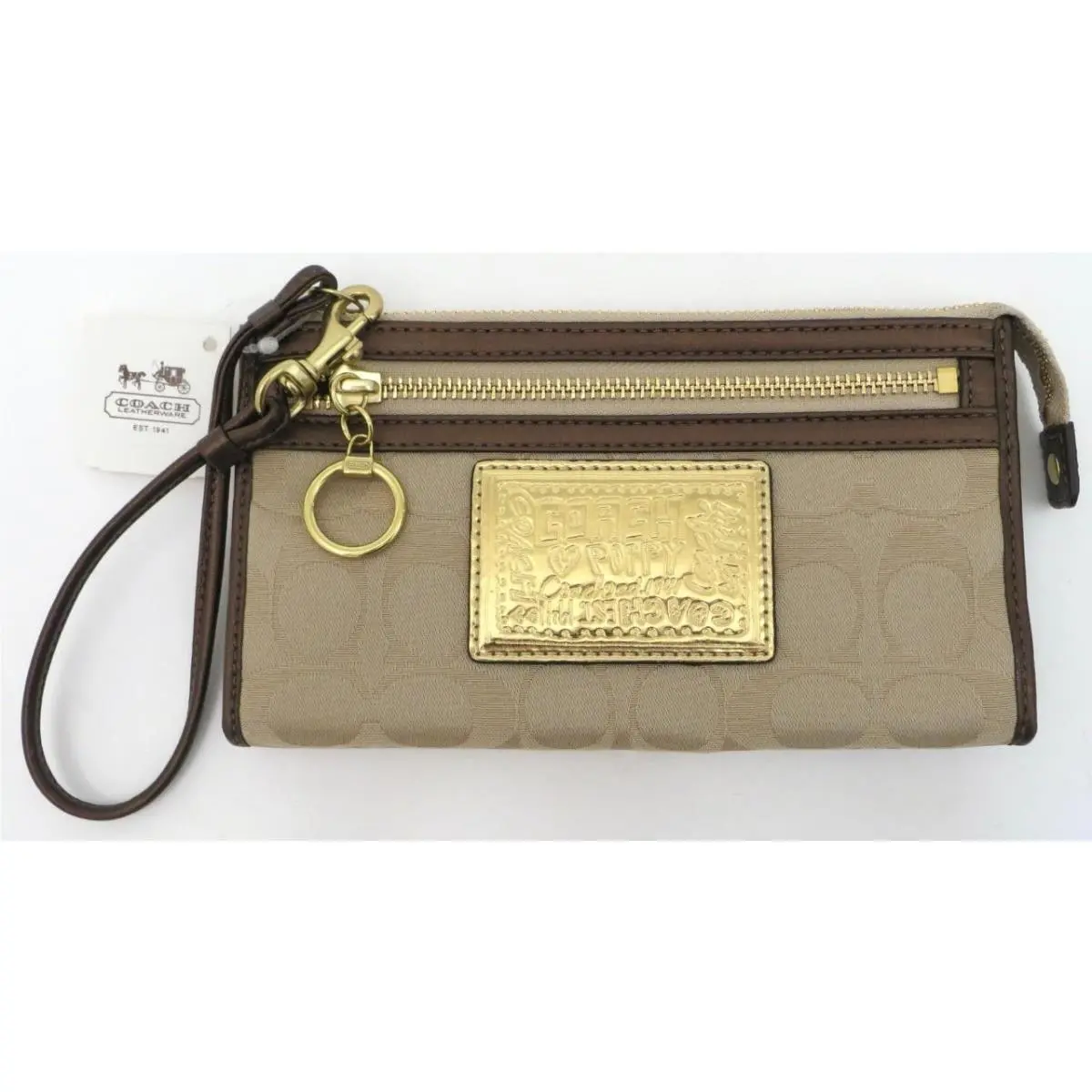 Coach Poppy Khaki Signature Bronze Gold Leather Zippy Wristlet Wallet