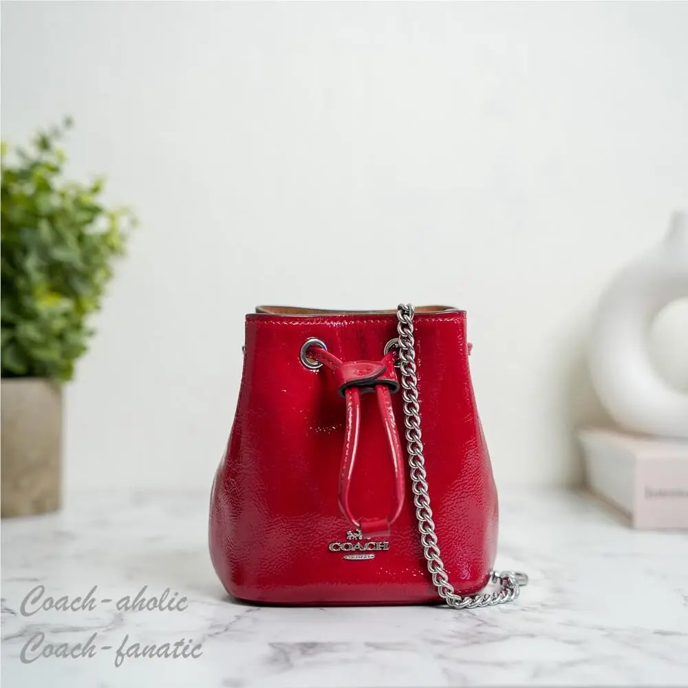 Coach CZ028 Drawstring Wristlet Pouch Bag in Silver /red Patent Leather