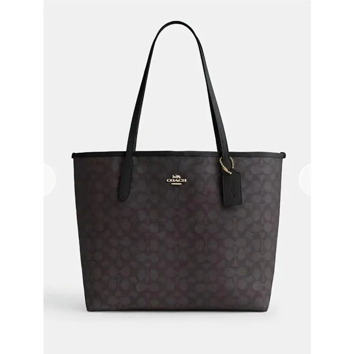 Coach City Tote Bag Signature Canvas Walnut Black Leather Handbag CV976 Logo