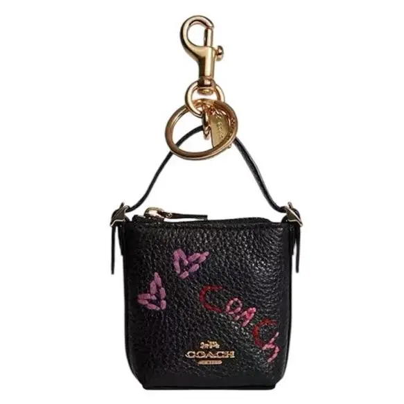 Coach Mini Val Duffle Bag Charm/keychain Black Leather W/diary Embroidery