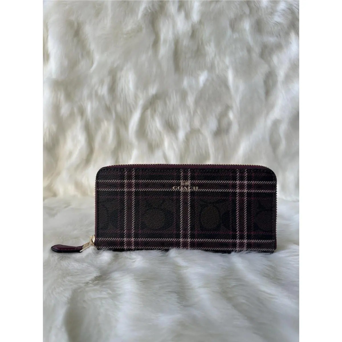 Coach Signature Shrtg Plaid SM Accordion Zip Wallet - Brown Fuchsia Multi