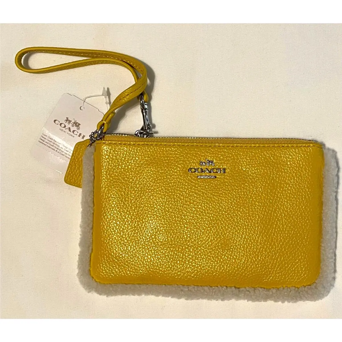 Coach York Shearling Pebbled Leather Wristlet Small Banana Yellow F64709
