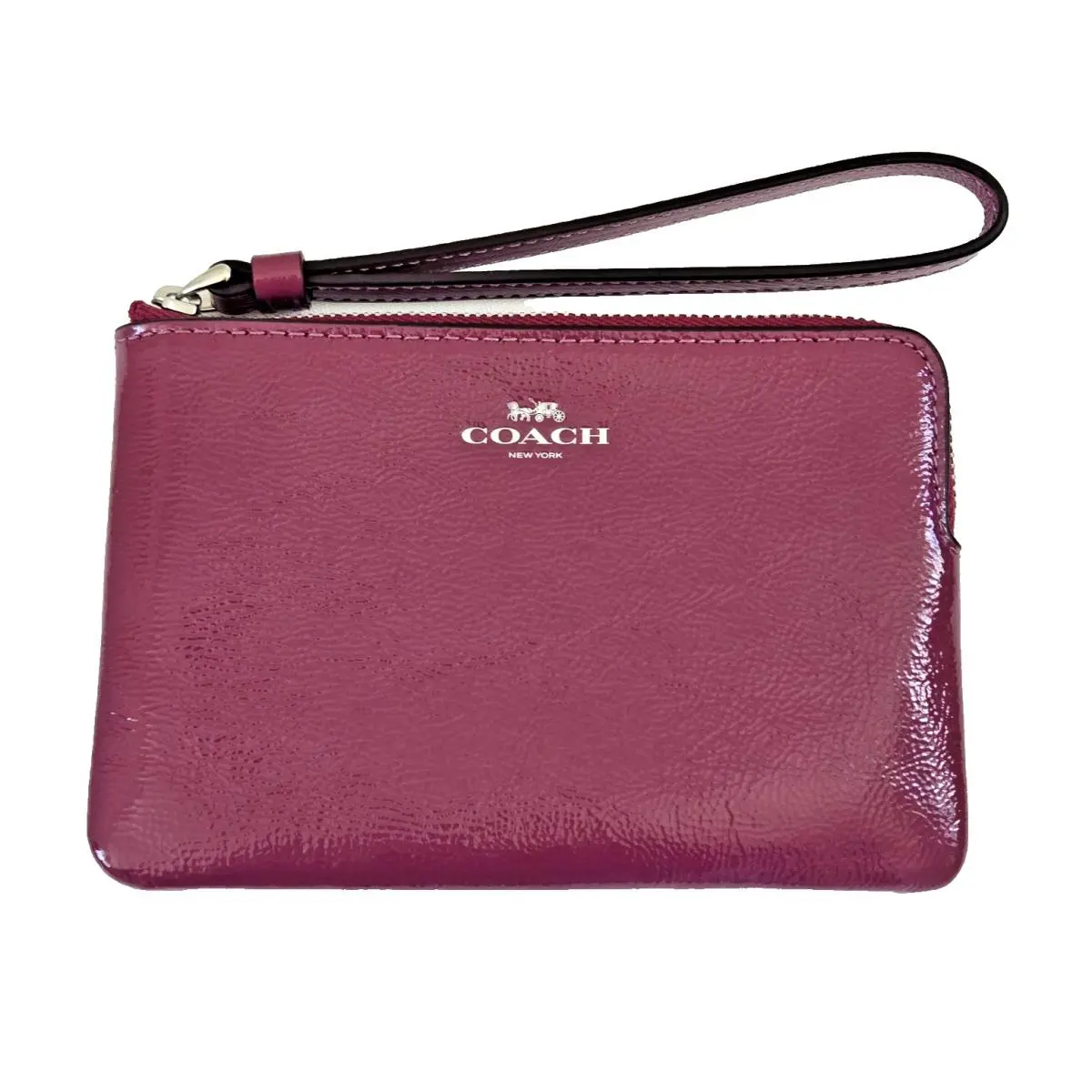 Coach Corner Zip Wristlet Pink Purple Crinkle Patent Leather Clutch Wallet