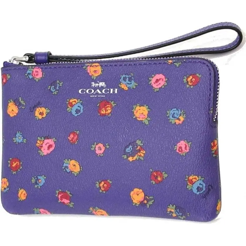 Coach Corner Zip Mini Vintage Rose Print Wristlet Pouch Sv/sport Purple