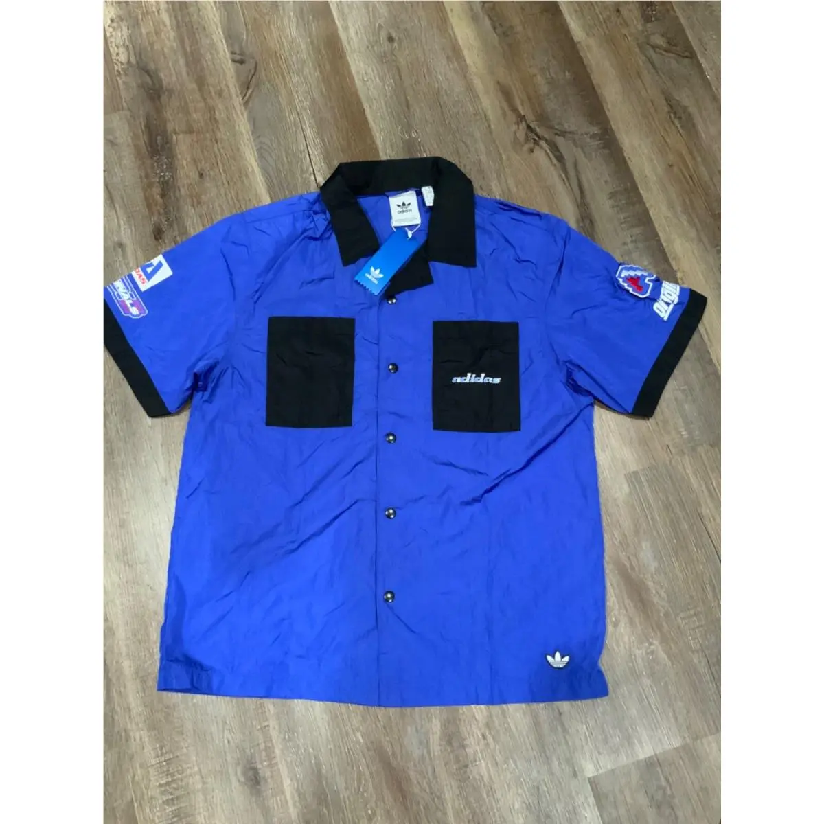 Adidas Tgp SS Men`s Nascar Style Shirt Blue Satin Black Button Down HA4744 Sz M