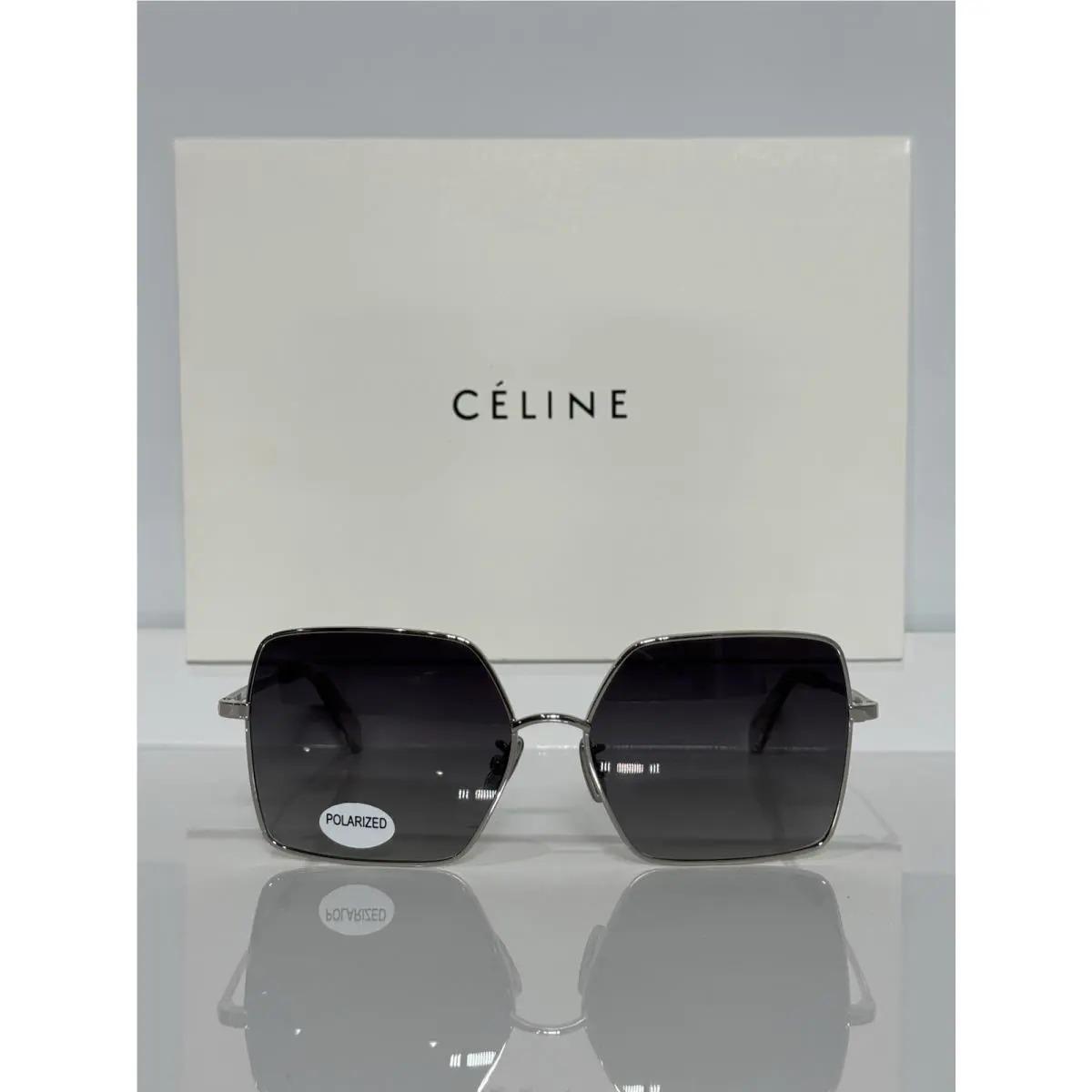 Celine CL50060 Silver Square Metal w. Custom Polarized Gray Gradient Sunglasses