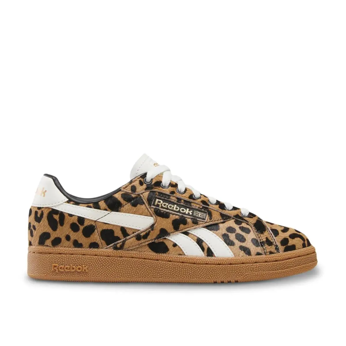 Woman`s Fashion Sneakers Reebok Club C Grounds UK Sneaker - Tan/Black Leopard Print Calf Hair