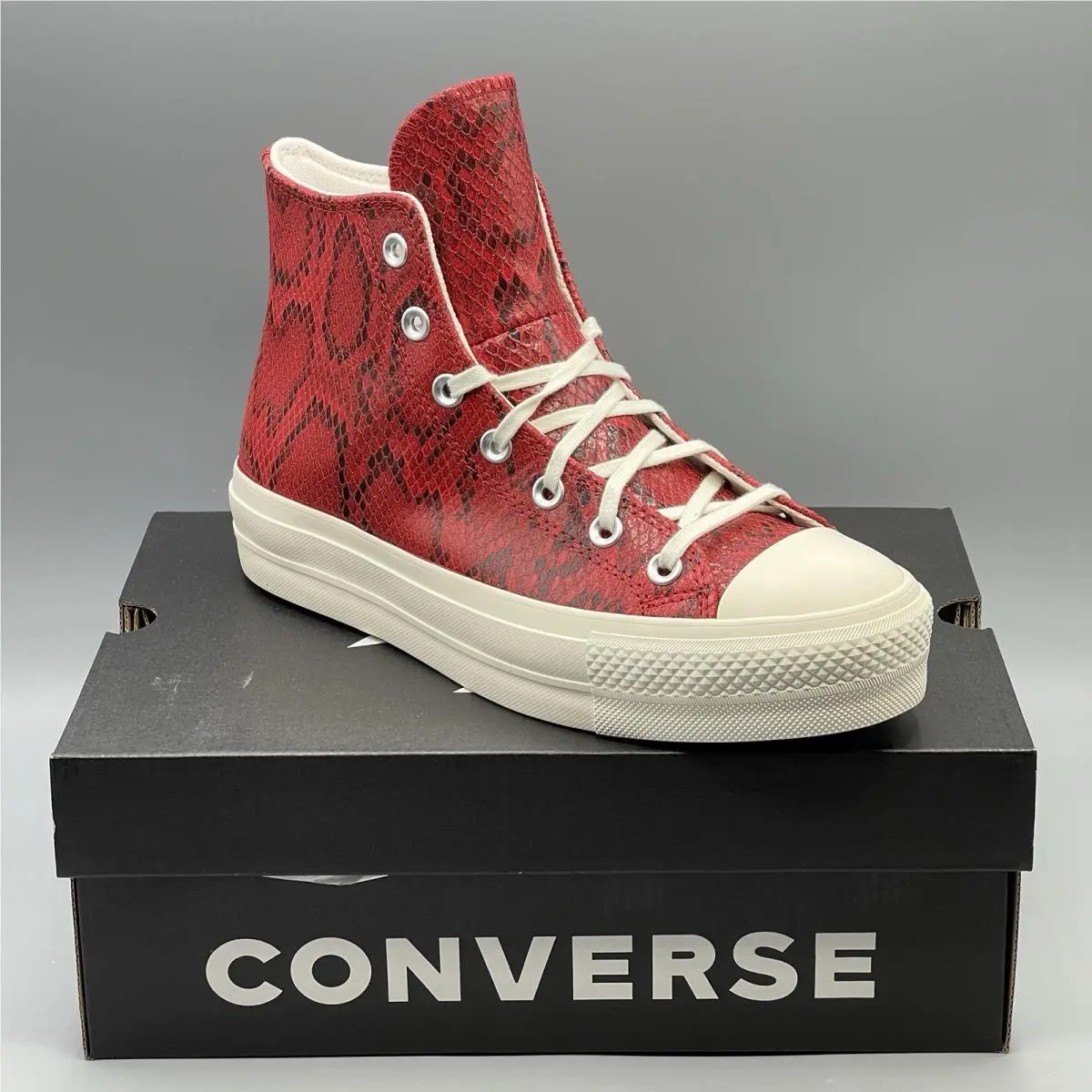 Converse Women`s 5.5 Red Sneakers Hi Leather Platform Snakeskin A13392C Festive