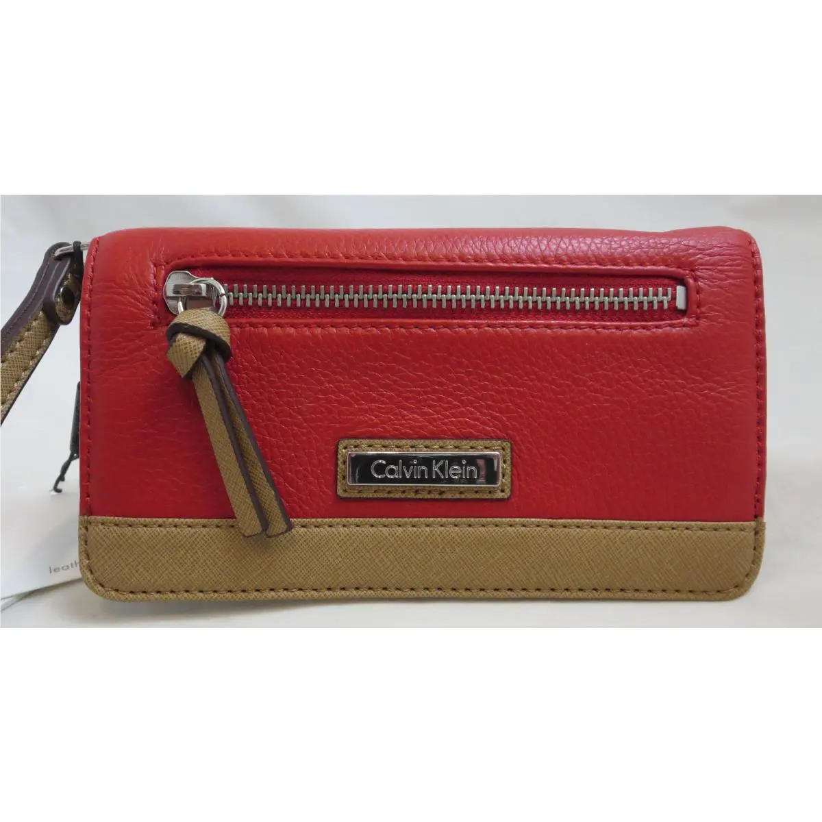 Calvin Klein Lipstick Red Saffiano Leather Wallet Wristlet Organizer Clutch