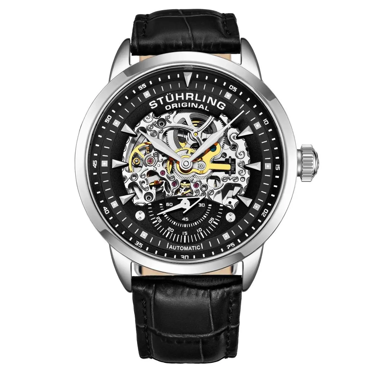Stuhrling Mens Automatic Skeleton Watch - Black Leather Strap