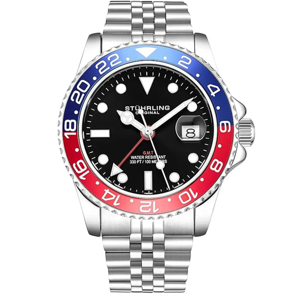 Stuhrling Men`s Stainless Steel Jubilee Bracelet Gmt Watch - Red/blue