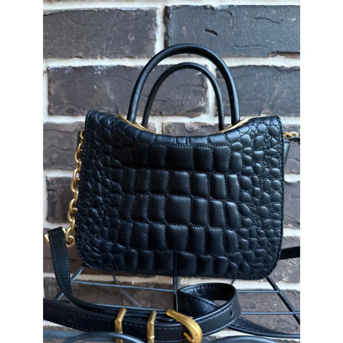 $328NWT Donna Karan NY Jericho Quilted Croc Leather Crossbody Tote Satchel Black