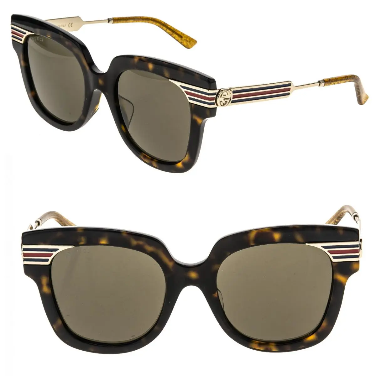 Gucci GG0281S Web 0281 Gold Brown Metal Stripe Oversized Glitter Sunglasses 002