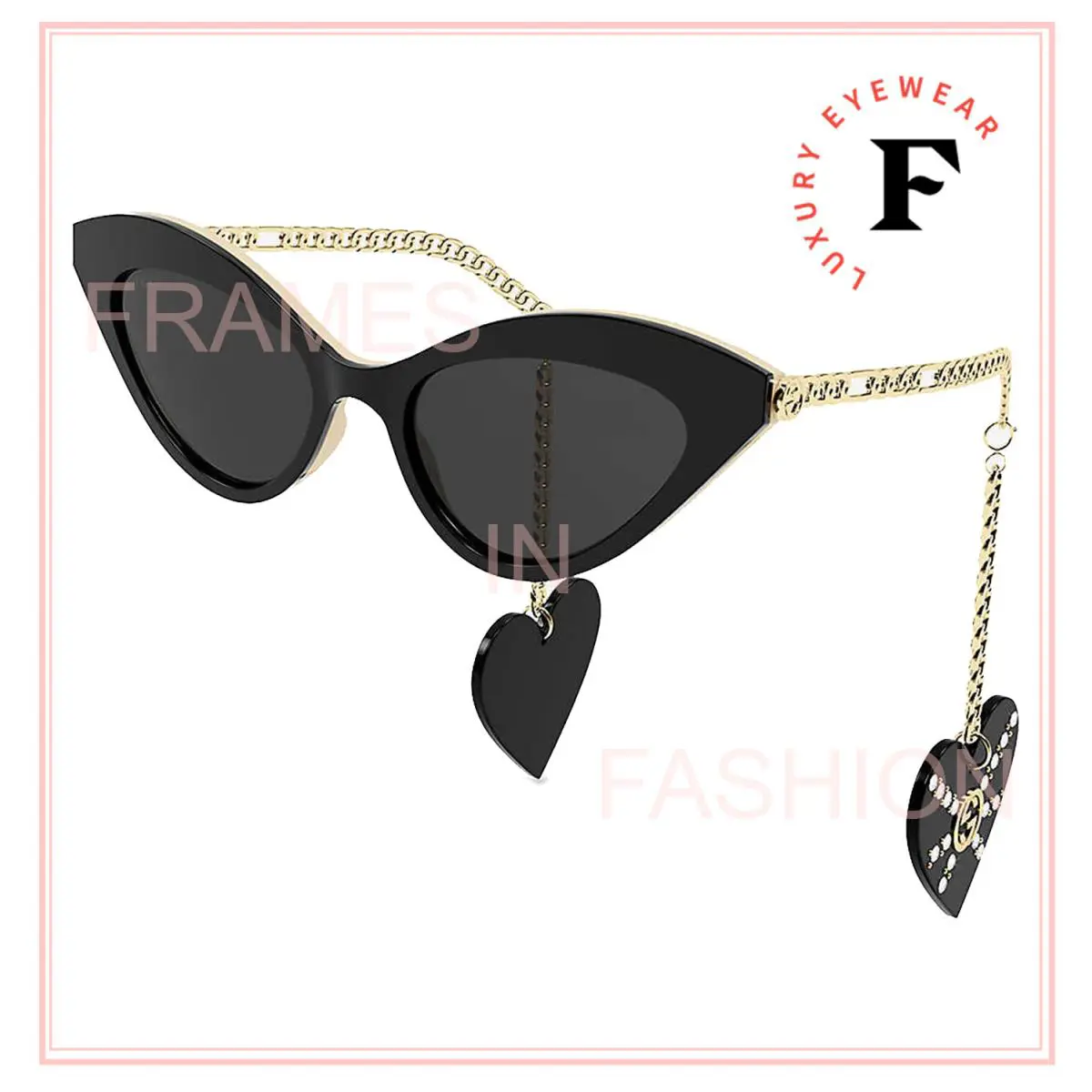 Gucci GG0978S Chain 0978 Gold Black Crystal Heart Detachable Charm Sunglass 004