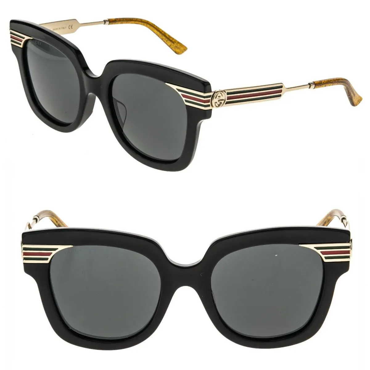 Gucci GG0281S Web 0281 Gold Metal Etched Oversized Black Glitter Sunglasses