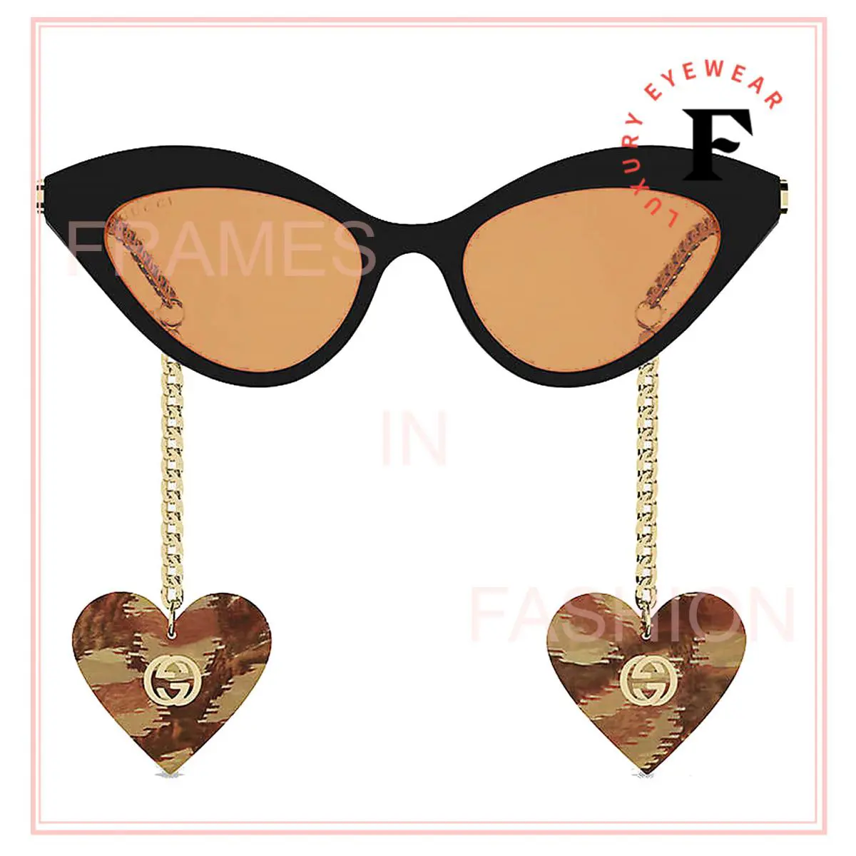 Gucci GG0978S Chain 0978 Gold Black Orange Heart Detachable Charm Sunglasses 002