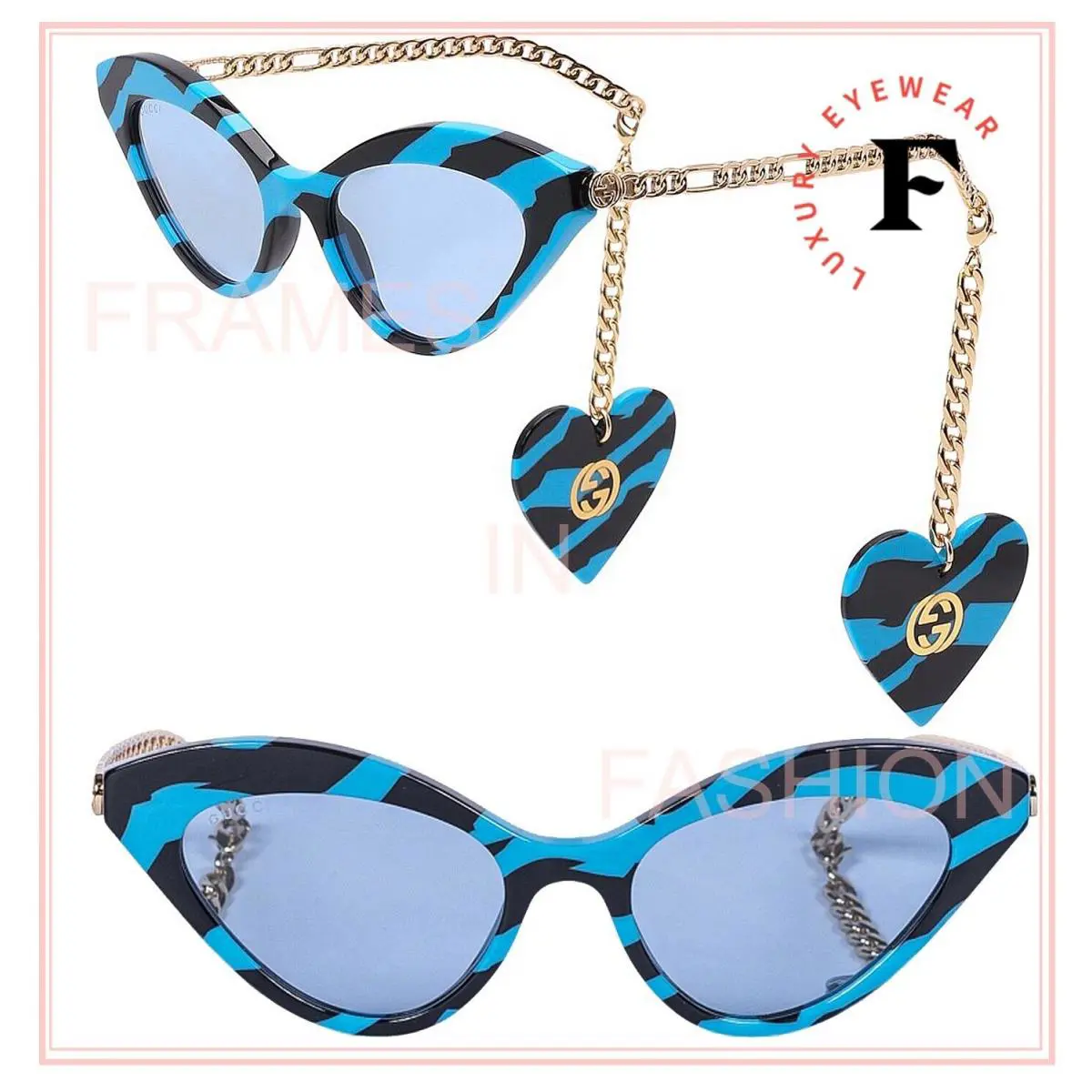 Gucci GG0978S Chain 0978 Gold Black Blue Zebra Heart Charm Pedant Sunglasses 005