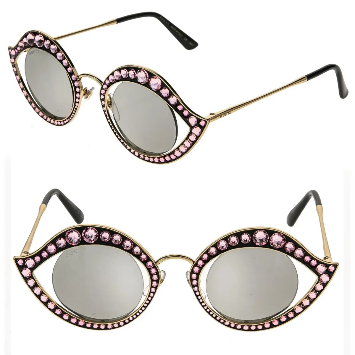Gucci GG0046S Crystal Lips Stud 0046 Gold Pink Silver Mirrored Metal Sunglasses