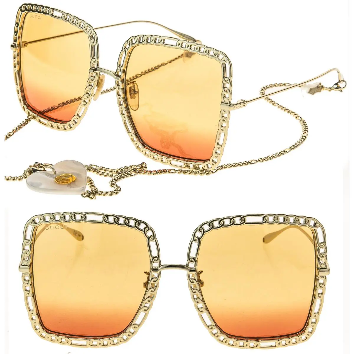 Gucci GG1033S 1033 Gold Orange Chain Necklace Pearl Heart Pendant Charm Sunglass
