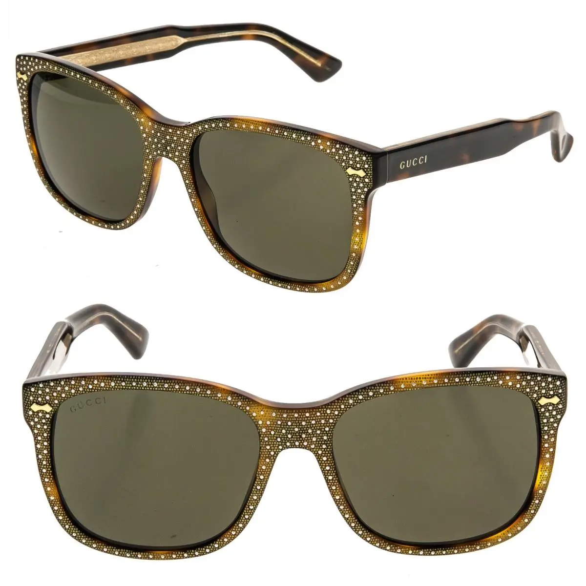 Gucci GG0047S Rhinestone Crystal 0047 003 Brown Gold Classic Unisex Sunglasses